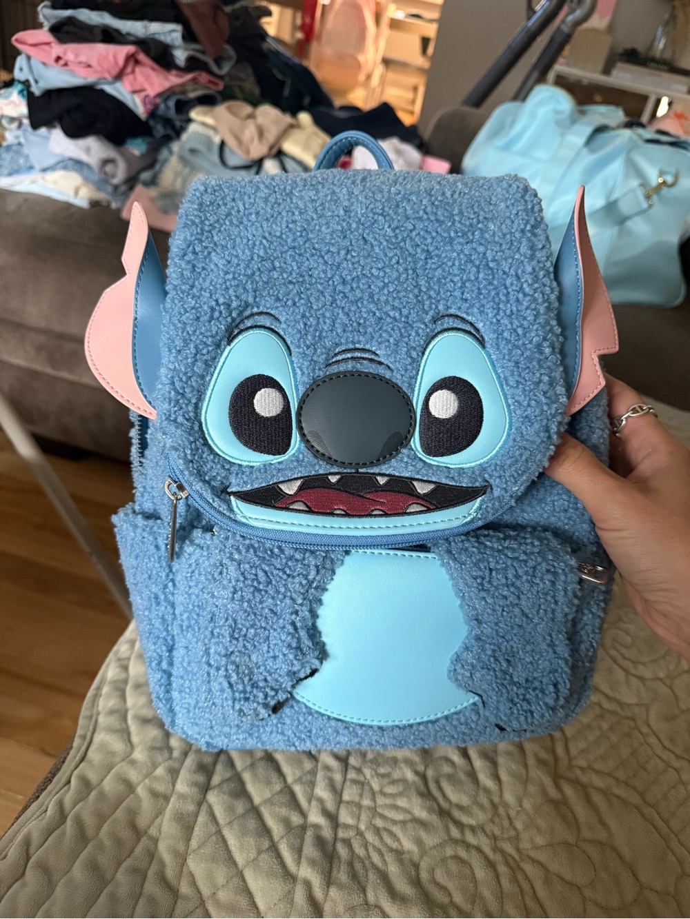 Loungefly Blue & Pink Stitch Sherpa Kids Backpack